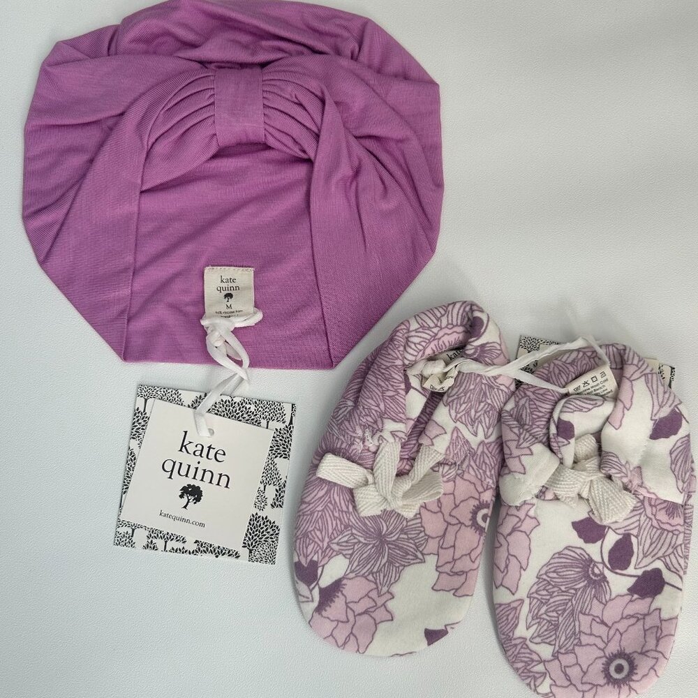 NWT Kate Quinn Purple Floral Baby Booties & Head Wrap Set 12–18M